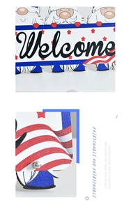 Close-up of Independence Day gnome wooden welcome sign with patriotic red white and blue texture