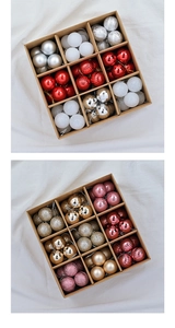 Detailed set of 3cm Christmas ornaments with matte, glitter, and glossy finishes in a box