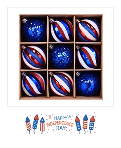 Set of 9 Independence Day Christmas balls with red white blue stripes in a box