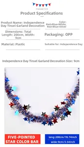 Detailed view of 200cm Independence Day star tinsel garland in red white and blue colors