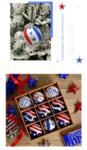 Detailed view of red, white, and blue American flag Christmas ornaments with God Bless America text