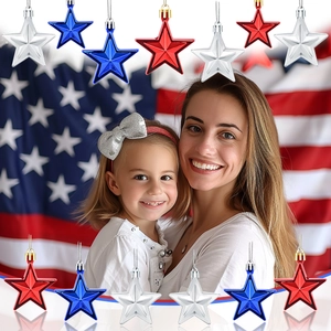 Red, silver and blue star ornaments for American Independence Day home party decorations