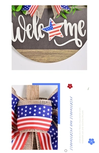 Detail of Independence Day wooden welcome sign with American flag bow and greenery