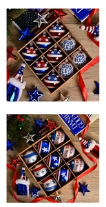 Close-up of 9-piece USA flag themed Christmas ornaments in a kraft box for patriotic decor