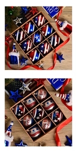 Close-up of 9-pack American flag Christmas ball ornaments with God Bless America text