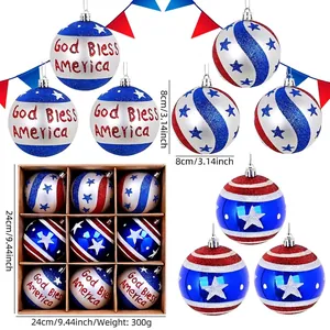 8cm American Flag Christmas ornaments set with God Bless America red blue white glitter balls