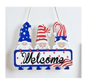 Detail of wooden gnome Welcome sign with Independence Day theme and hanging rope