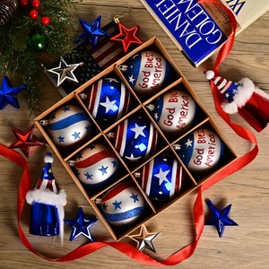 9-piece set of red white and blue American flag style patriotic Christmas ornaments
