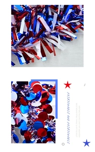 Macro view of red white and blue metallic tinsel garland with star and round sequins
