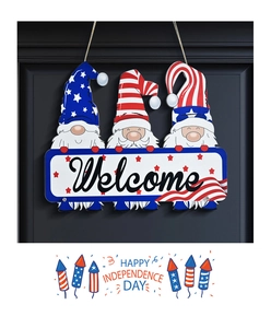 Detail showing Independence Day gnomes with stars and stripes holding a Welcome sign