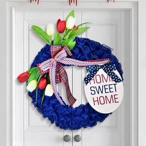 Patriotic American Independence Day Tulip Wreath Home Sweet Home Wooden Sign Fabric Red White Blue Floral Wreath Decor
