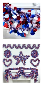 Detail of red white and blue July 4th tinsel garland with star and circle sequin accents