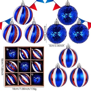 9-piece set of 6cm American Flag themed Christmas ornaments with glitter and stripes
