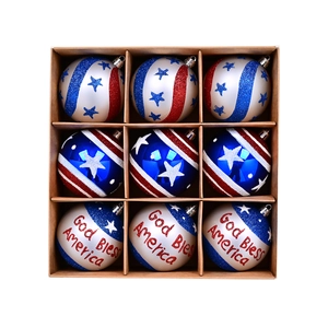 9-piece set of Red White Blue US Flag themed glitter Christmas balls in a storage box