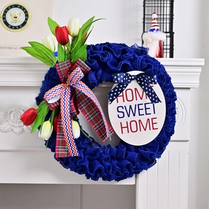 Independence Day wreath with red white tulips and Home Sweet Home wooden sign