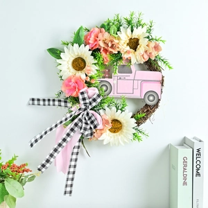 Couronne de Tournesols Quatre Saisons Camion Rose Verdure Artificielle Nœud à Carreaux Couronne pour Porte Maison
