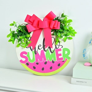 Panneau d'été en bois thème pastèque avec nœud rose et texte Hello Summer décoratif