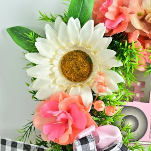 Couronne de tournesol rose avec feuilles vertes et ruban à carreaux pour décoration d'intérieur