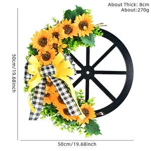 50cm rustic sunflower wagon wheel wreath with bumblebee bow for front door decoration