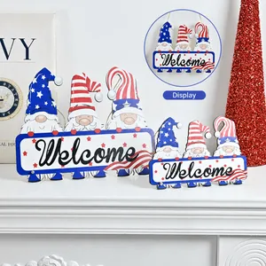 Patriotic Independence Day Gnome Welcome Sign Resin Hanging Ornament Red White Blue Stars Stripes Holiday Wall Decor
