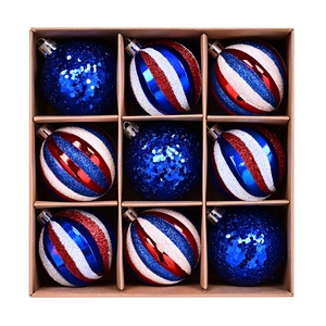Set of 9 Independence Day Christmas baubles in red white blue stripes and glitter