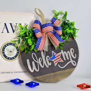Independence Day Welcome Sign Wooden Door Hanging Decor USA Flag Burlap Bow Artificial Greenery Patriotic 4th Of July Wreath