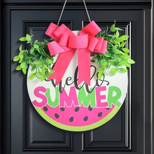 Panneau de porte d'été en bois pastèque avec ruban rose et verdure décorative