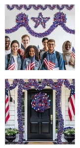 Patriotic red white and blue tinsel garland set for home and party decoration