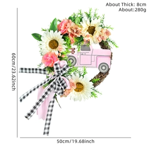 Couronne de tournesols avec petit camion rose, feuilles vertes et nœud à carreaux