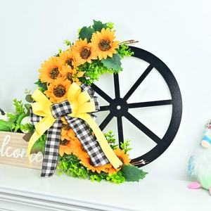 Rustic farmhouse sunflower wagon wheel wreath with bumblebee ribbon for front door decor