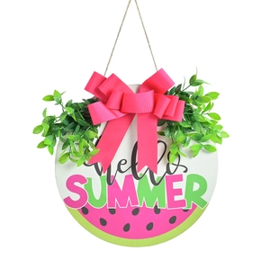 Panneau de porte pastèque Hello Summer en bois avec nœud rose et verdure décorative