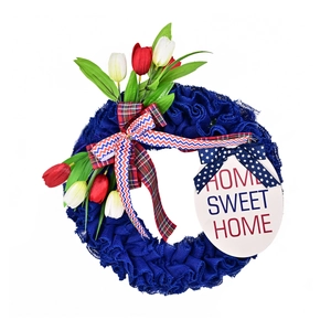 Independence Day wreath with red white tulips and Home Sweet Home sign decoration