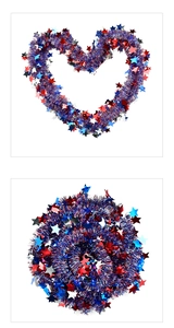 Close-up of July 4th tinsel garland with metallic stars in red, blue, and silver colors