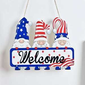 Independence Day wooden welcome sign featuring three patriotic gnomes with star motifs