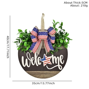 Patriotic wooden Welcome sign with American flag bow and greenery for home decor