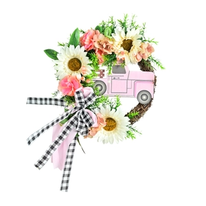 Couronne de camion rose avec tournesols et roses pour décoration de porte d'entrée
