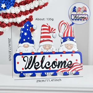 Patriotic gnome wooden welcome sign with American flag stars and stripes theme