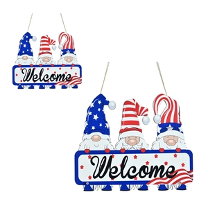 Patriotic Independence Day welcome sign featuring wooden gnomes with US flag patterns