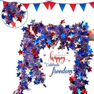 Independence Day Patriotic Tinsel Garland Star Round Rectangle Red Blue White Metallic Foil Hanging Party Decoration