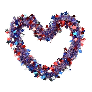 Patriotic heart-shaped tinsel garland with red silver blue stars for July 4th decor