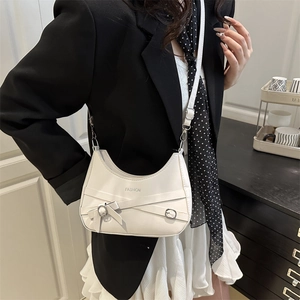 White crescent moon shoulder bag with lace-up detail and fashion print for women