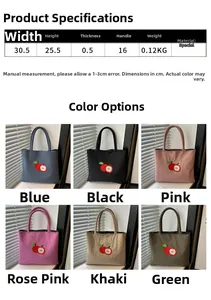 Size chart showing six colored canvas tote bags with apple embroidery and precise dimensions