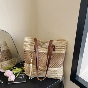 Sac Fourre-Tout Tissé en Paille de Vacances d'Été Sac à Épaule Rayé Patchwork Avec Gland Sangle en Cuir PU Sac de Plage Grande Capacité Femme