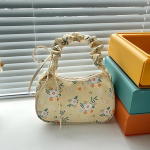 Women Fresh Floral Print Shoulder Bag Ruffled Handle Underarm Bag With Bow Detail Nylon Lightweight Daily Leisure Handbag