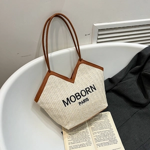 Bolso de Compras Tejido de Moda para Mujer Gran Capacidad Estilo Francés Bolso de Hombro Bordado Moborn Paris Forro Poliéster