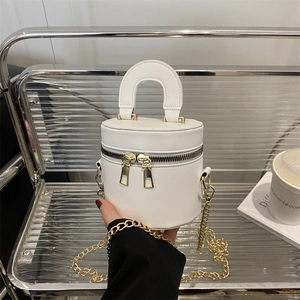 Fashion Mini Cylinder Barrel Bag For Women Trendy PU Leather Double Zipper Handbag With Gold Chain Strap Daily Crossbody Bag