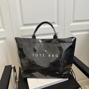 Women Large Capacity Glossy Pleated Tote Bag Waterproof Synthetic Material Letter Print Handbag Casual Fashion Shopping Bag