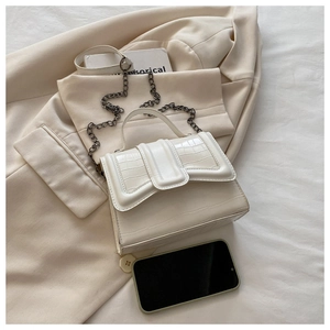Macro shot of cream crocodile texture handbag with metal chain and pleated detail