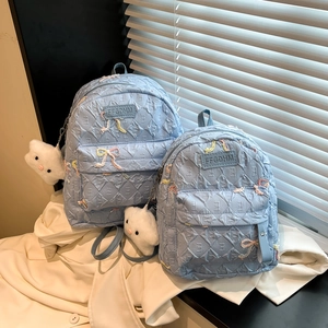 Women Sweet PU Leather Quilted Mini Backpack Embroidered Bow Student School Bag Fashion Girl Casual Daypack With Charm