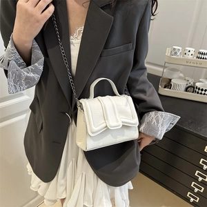 Chic white crocodile embossed square handbag with silver chain strap and top handle